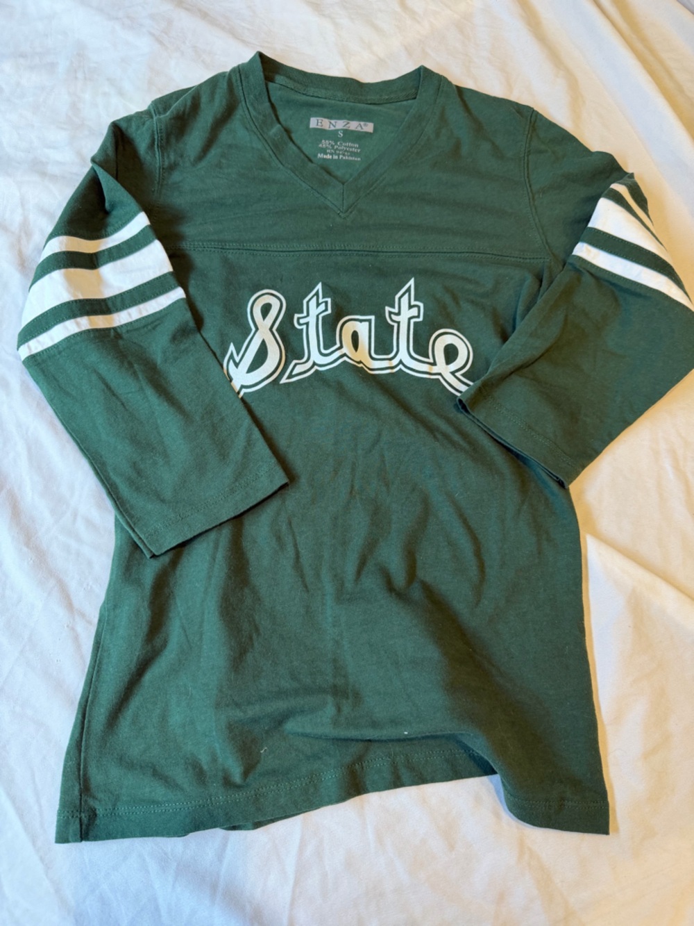 Green Graphic Pullover with White Stripe Sleeves